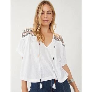 Free People Market Embroidery Trim Tassel Tie V-Neck Boho Top Size XS